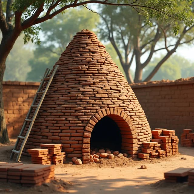 Create an outdoor scene featuring a traditional brick kiln used for firing clay bricks. The kiln should be made of stacked, mud-brick walls, forming a large pyramid-like structure slightly coverd by mud. A slanted wooden ladder should lean against the side of the kiln, providing access to the top. The kiln should have openings at the base to allow for the firing process. Surround the kiln with piles of bricks, some stacked neatly, while others are scattered around. Include trees in the background, suggesting a rural or semi-rural setting, with sunlight filtering through the branches. The overall atmosphere should feel rustic, emphasizing the manual, labor-intensive process of traditional brick-making.