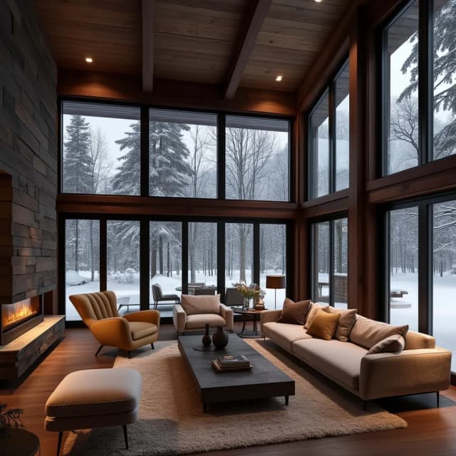 Living room
A double-height ceiling living room with a large, floor-to-ceiling window on one side log cabin. Outside is a dark snow-covered landscape. The living area is furnished with plush, contemporary sofas and chairs in neutral tones, grouped around a low, central coffee table. The room's color palette is composed of dark brown and warm tones, with the soft lighting from various lamps adding a cozy ambiance.