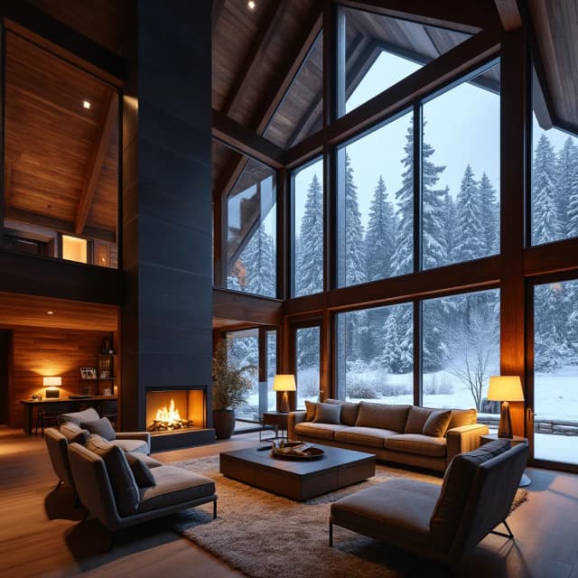 Living room
A double-height ceiling living room with a large, floor-to-ceiling window on one side log cabin. Outside is a dark snow-covered landscape. The living area is furnished with plush, contemporary sofas and chairs in neutral tones, grouped around a low, central coffee table. The room's color palette is composed of dark brown and warm tones, with the soft lighting from various lamps adding a cozy ambiance.