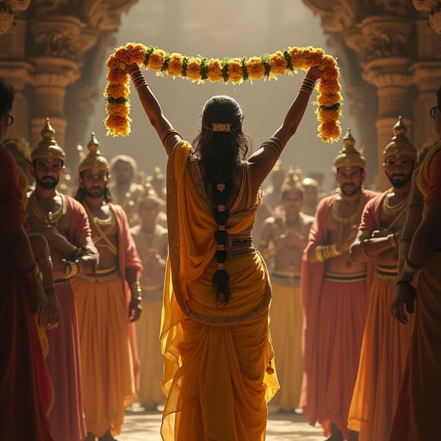 Draupadi gracefully holding a garland in her swayamvar as powerful kings look on with awe and jealousy.
Subject: Each moment represents pivotal points in the Mahabharata story.
Scene: Highlight the grandeur and emotion of each scene with warm lighting and dramatic shadows.