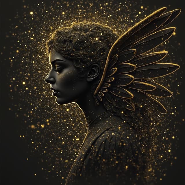illustration of a black angel with golden glitter effects