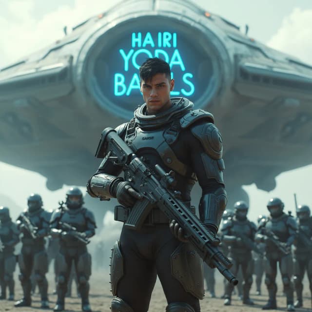an 18-year-old handsome cool and bulky guy with short black hair, resembling dolph lundgren, standing in front of a giant alien mothership, cyberpunk city. wears Heavy steel cyber armor and holds a massive long heavy rifle, stands confidently in the left, pointing his rifle to the camera. Behind him, a diverse group of cyber-enhanced soldiers with various high-tech weapons stand at attention. Dramatic lighting casts a cyberpunk atmosphere. A blue neon sign in the body of the spaceship behind reads 'HAIRI YODA BAWLS #1. Epic scene, hyper-realistic, professional photoshoot, Unreal Engine 5.4 quality, cyberpunk aesthetic, Ultra-detailed photorealistic images, ray tracing enabled.Extreme photorealism, ultra-HD textures, cinematic depth, dynamic lighting