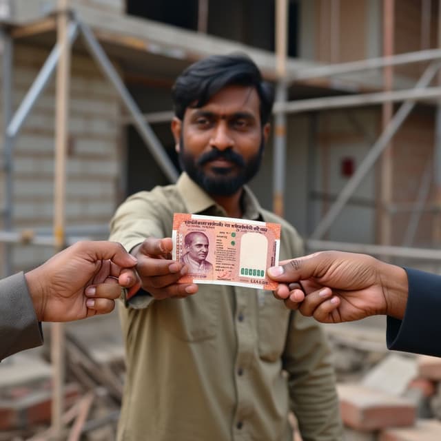 An Indian man handing a single Indian currency note to another person at a construction site, with scaffolding and bricks in the background. The focus is on the interaction between the two individuals, keeping the scene realistic and simple.