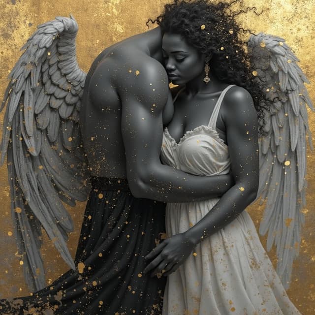 perfect and detailed realistic image of a rebel black angel, gray skin, black and white and gold effect, loving look, full figure of the woman, hd, half black and white and half color of a painting made with gold and silver blurred brush strokes, artistic style effect and mystical effects around her. Acrylic style background