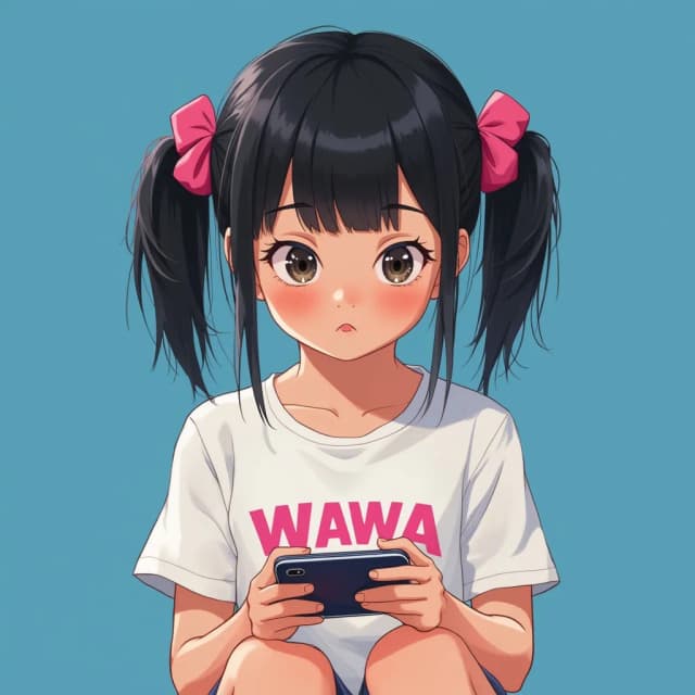 GHIBSKY style, Anime realistic, realism style, Portrait of An 8-year-old girl, rosy-cheeked, with black hair in side ponytails (pink ties) and bangs, sits engrossed in a smartphone game.  She wears a white t-shirt with "WAWA" printed in bold pink letters.  Her expression is one of focused fun, her fingers actively tapping the screen.  Simple Blue background, front view, cute.