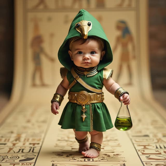 A baby alchemist, dressed in a green and gold outfit inspired by the ancient Egyptian study of alchemy, with a headdress featuring a small serpent motif and a belt adorned with symbols of transformation. The baby holds a tiny beaker filled with colored liquid, walking down a runway with hieroglyphs of elements and alchemical symbols.