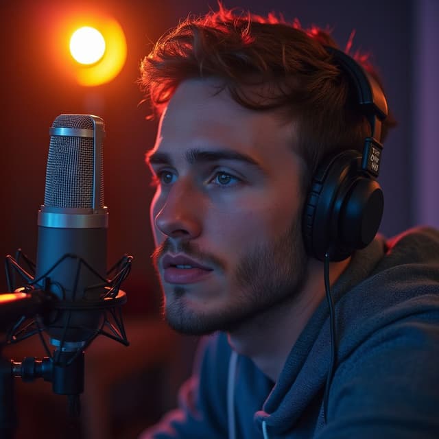A USA hot Young man that can Podcast in a studio there background was dark but having some different key light in there studio
