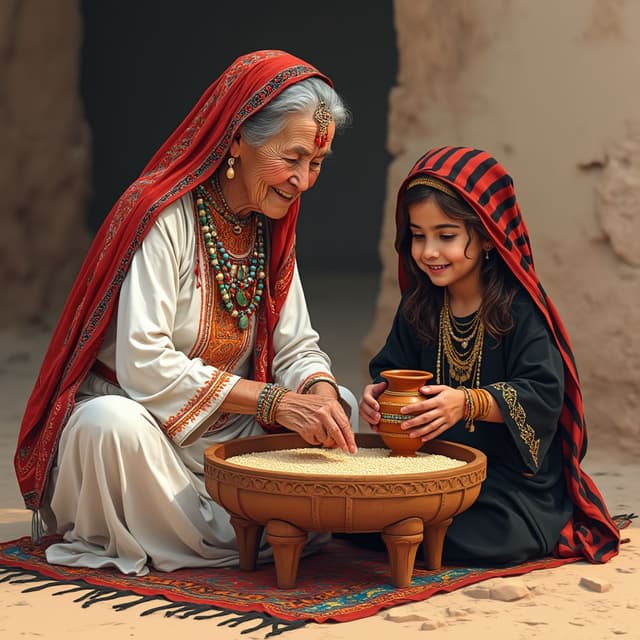 Design an ultra realistic vector art illustration of a slightly smiling traditional Amazigh grandmother and her ten years old smiling granddaughter sitting on the ground, making couscous together. The grandmother, wearing white Amazigh clothing with red and orange and green and blue details and many traditional Amazigh jewelry on her face and hands and neck and on her forehead and with not covered grey hair, is actively preparing couscous with her hands in a single very big flat and ancient simplified flat wooden container with amazigh details all around the container on a round brown traditional wooden table with four short legs and a white big napkin on it falling from the sides of the table and a big amazigh traditional colorful rectangular carpet. Beside her, very close to her, her dark brown hair granddaughter dressed in a traditional amazigh black clothes with just golden details and light Amazigh jewelry on her face and her hand is holding a traditional mudd jar of water with traditional amazigh details all around the jar, is helping in a playful yet respectful manner. The couscous in the container is depicted in vivid detail, highlighting its texture and richness, but with minimal additional elements around it.
Design an ultra realistic vector art illustration of a slightly smiling traditional Amazigh grandmother and her ten years old smiling granddaughter sitting on the ground, making couscous together. The grandmother, wearing white Amazigh clothing with orange and green and blue big and small details and many traditional Amazigh jewelry on her wrists and with grey hair and a red and black striped cover on her head with black threads on the limits of it, is actively preparing couscous with her hands in a single very big flat and ancient simplified flat wooden container with amazigh details all around the container on a round brown traditional wooden table with four short legs and a white big napkin on it falling from the sides of the table and a big amazigh traditional colorful rectangular carpet. Beside her, very close to her, her dark brown hair granddaughter dressed in a traditional amazigh black clothes with intricate golden details and light Amazigh jewelry on her face and her hand is holding a traditional mudd jar of water with traditional amazigh details all around the jar, is helping in a playful yet respectful manner. The couscous in the container is depicted in vivid detail, highlighting its texture and richness, but with minimal additional elements around it.
Design an ultra realistic vector art illustration of a slightly smiling traditional Amazigh grandmother and her ten years old smiling granddaughter sitting on the ground, making couscous together. The grandmother, wearing white Amazigh clothing with orange and green and blue big and small details and many traditional Amazigh jewelry on her wrists and with grey hair and a red and black striped cover on her head with black threads on the limits of it, is actively preparing couscous with her hands in a single very big flat and ancient simplified flat wooden container with amazigh details all around the container on a round brown traditional wooden table with four short legs and a white big napkin on it falling from the sides of the table and a big amazigh traditional colorful rectangular carpet. Beside her, very close to her, her dark brown hair granddaughter dressed in a traditional amazigh black clothes with intricate golden details and light Amazigh jewelry on her face and her hand is holding a traditional mudd jar of water with traditional amazigh details all around the jar, is helping in a playful yet respectful manner. The couscous in the container is depicted in vivid detail, highlighting its texture and richness, but with minimal additional elements around it.
The background features a warm interior traditional amazigh house. Incorporate subtle Amazigh cultural elements, such as traditional amazigh carpets and big and small pottery, within the scene, instead of a wall in the background, show a green grass landscape with mountains and a bit of snow on the mounts with a blue shinny sky and some clouds. The color palette should include vibrant red, yellow, and blue tones and details, complementing bright earthy tones to create a balanced and inviting composition with sunshine. The design should focus equally on the figures, the table, and the food, conveying a mood of warmth, tradition, and familial joy, blending playful and joyful interactions between the grandmother and granddaughter.