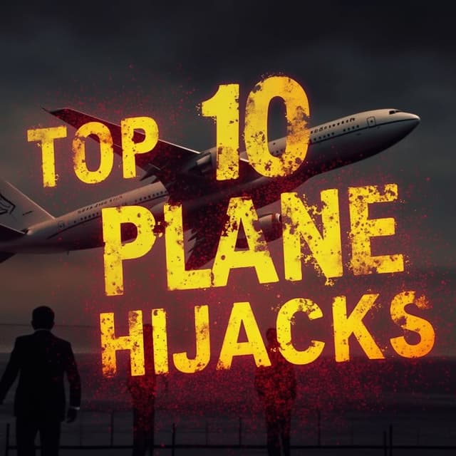 Create a dramatic and eye-catching YouTube thumbnail for a video titled 'Top 10 Plane Hijacks.' The background should feature a stylized airplane in distress, with a dark, ominous sky. Overlay bold, attention-grabbing text that says 'Top 10 Plane Hijacks' in bright red and yellow colors. Include subtle imagery of handcuffs or a shadowy figure to suggest tension and intrigue. The overall tone should be thrilling and suspenseful, enticing viewers to click and watch.