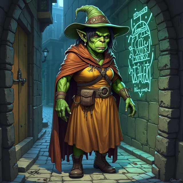 A detailed DND fantasy full body illustration. A female orc, green skin, she is old. She looks concentrated, she is tall and round, tusks on each side of her mouth. She wears a warm colorful wizards dress and hat. She is a detective who is solving a magical murder with her powers. Standing in a dark scary cobblestone alley with a spilled potion on the ground and magic glowing runes scribed on the wall.