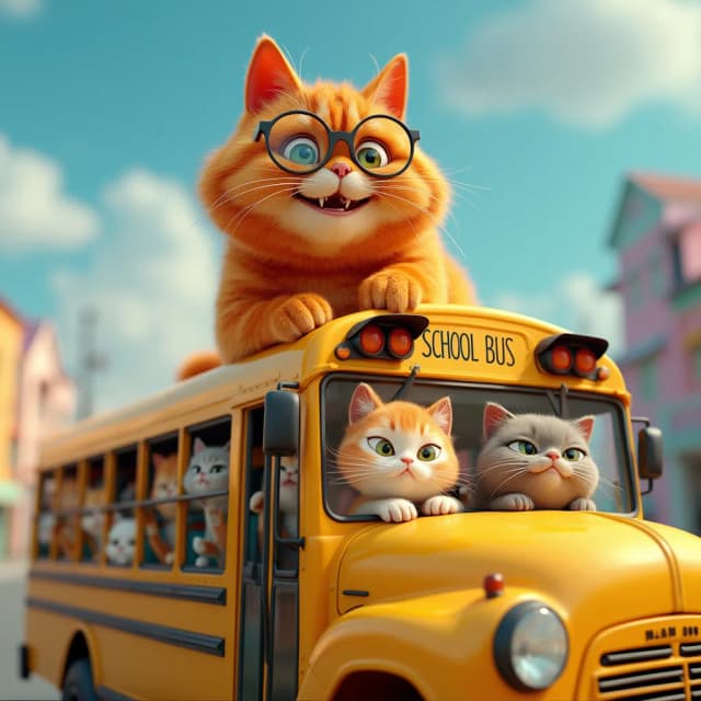 a whimsical 3d animated scene featuring a giant orange cat with round glasses perched on top of a classic yellow school bus. The bus should be filled with cheerful, smiling cats of various colors and expressions, visible through the bus windows. The backdrop should include a bright blue sky and colorful urban buildings in the distance, evoking a playful and lighthearted atmosphere. The giant cat is smiling and should appear friendly, adding a surreal and fun element to the composition. 9:16 ratio
