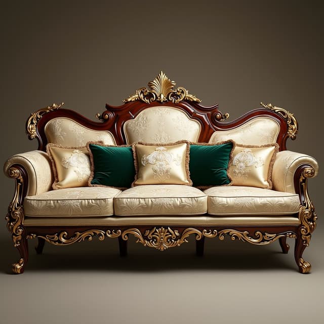 A luxurious three-seater sofa in a classic, regal design, crafted with a rich dark mahogany wooden frame. The frame is intricately carved with ornate floral and scroll motifs, all accented with lavish gold leaf details, creating a striking contrast against the dark wood. The backrest features an elaborate crest at its center, with symmetrical golden floral patterns radiating elegance. The armrests are smoothly curved, embellished with golden accents, while the apron and cabriole legs display harmonious scrollwork and floral carvings, all finished in shimmering gold.
The seating is upholstered in a creamy beige fabric with delicate, embossed floral patterns that add subtle sophistication. The sofa is further adorned with plush cushions, including emerald green velvet pillows and cream ones edged with golden tassels, enhancing the luxurious aesthetic. This piece combines opulent materials and refined craftsmanship, making it a statement of timeless elegance.