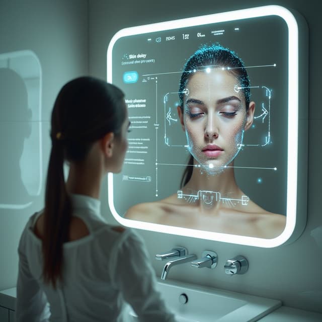 A high-tech mirror with glowing displays for skin analysis and virtual makeup previews of a person, framed by a clean and futuristic bathroom design.