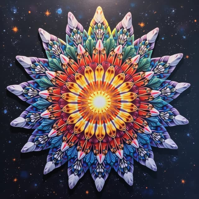 Surrecalistic painting, many socks folded a mandala against the background of outer space, , shimmering and luminescent scales, pure perfection, divine presence, unforgettable, captivating, breathtaking beauty, volumetric light,
rays, bright colors reflected, 32k