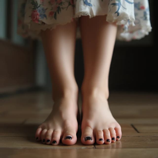 Girl's feet with black nail on the floor