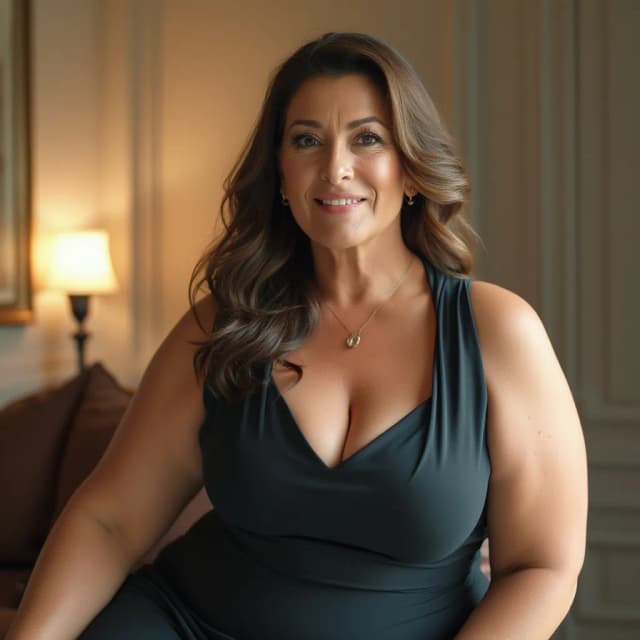 A gorgeous mature woman, buxom. She wears a fitted dress with a deep neckline.