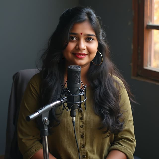 A Young chubby 20 yo telugu girl that can recorded a Podcast in studio like speaking on mic and also there background dark gray but having some different key light in there studio, olive kurthi, she has long hair,  (give me its side pose), dark skin, at home, things around, kurtain, window