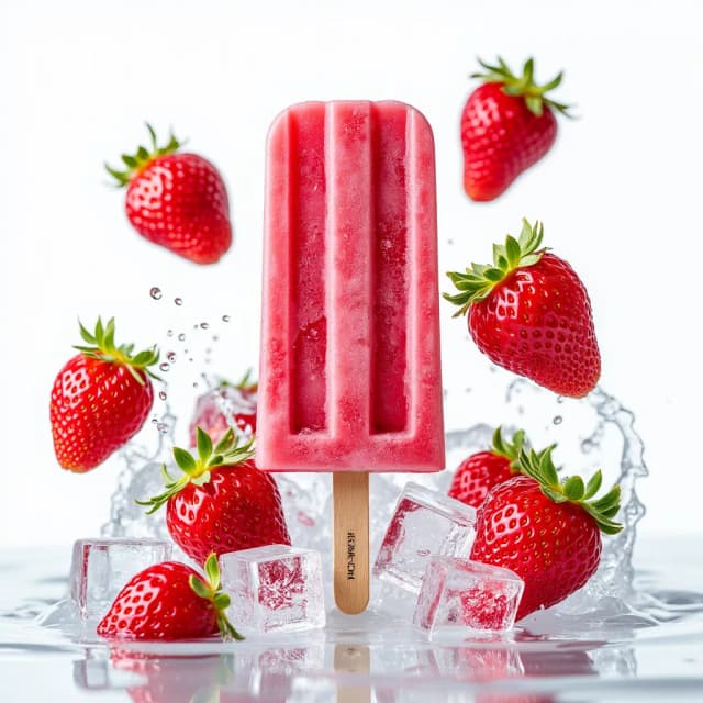 The image shows a pink popsicle with fresh strawberries on a wooden stick. The popsicle is in the center of the image and is filled with ice cubes. The strawberries are scattered around the popsicle, with some of them overlapping each other. The background is white, and there are splashes of water around the strawberry and ice cubes, creating a splash effect. The overall color scheme is bright and vibrant, with the red of the strawberry standing out against the white background.