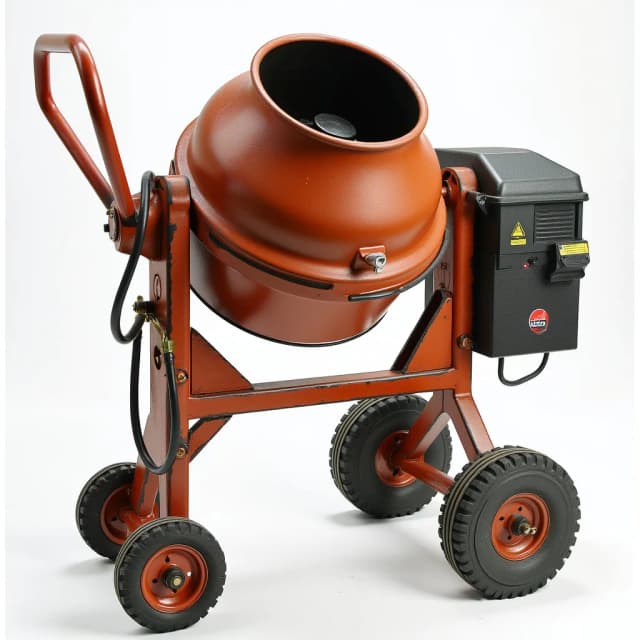 hould have a sturdy metal frame, showing a compact design suitable for easy transportation. The main drum should be positioned horizontally with an open top, allowing for easy addition of cement, sand, and water. The paddle inside the drum should be visible, showing the rotating mechanism that mixes the materials. The mixer should have visible wheels for mobility, a handle for steering or pulling, and an attached electric motor that powers the paddle. Include a power cord for connection, emphasizing the portability and ease of use in construction settings.