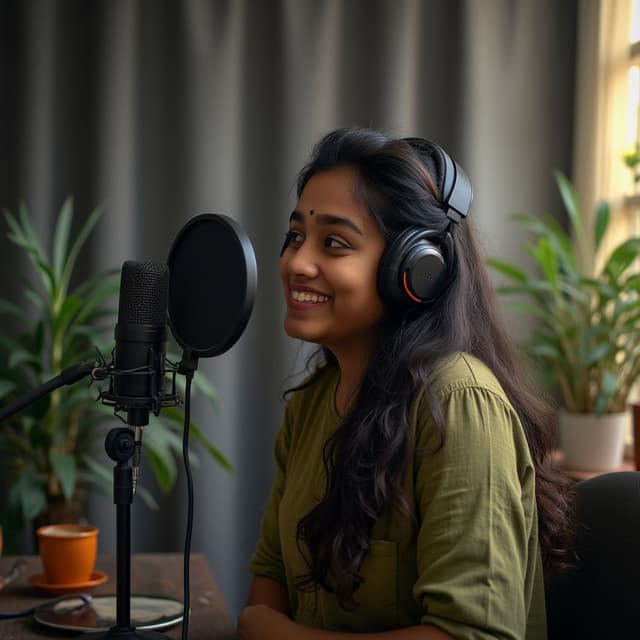 A Young chubby 20 yo telugu girl that can recorded a Podcast in studio like speaking on mic and also there background dark gray but having some different key light in there studio, olive kurthi, she has long hair, (give me its side pose), dark skin, at home, things around, kurtain, window