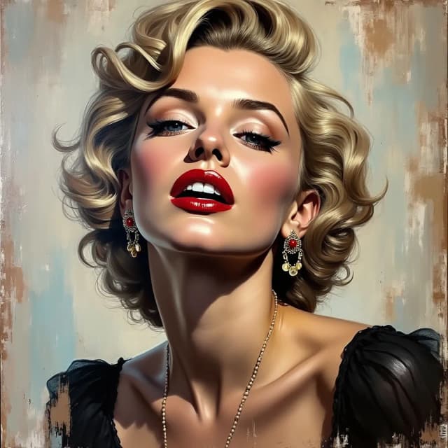 Highly detailed, Palette knife painting, Oil painting inspired by peter lindbergh and yossi kotler, impressionistic, 1950s starlet, full length. Monroe.