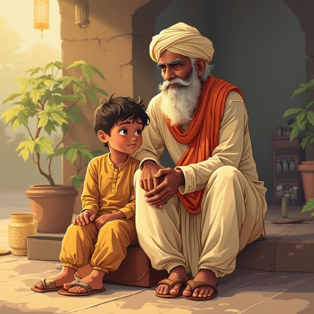 An illustration of a scene of a boy (8 Year old) sitting with his indian Old man who is wearing Kurta and payjama