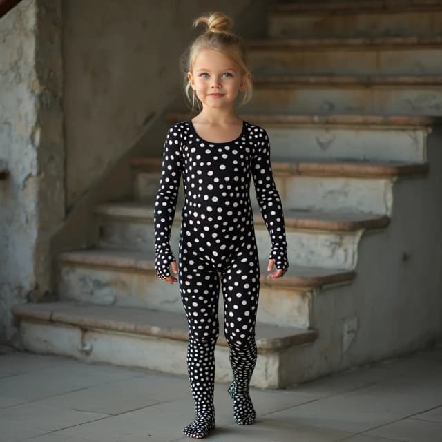 10yo finnish  child model The most beautiful,thin,most pretty and clever lycra unitard catsuit covered with spots.She always wear civet lycra dancewear stretchy covered with many spots..She goes up the stairs.