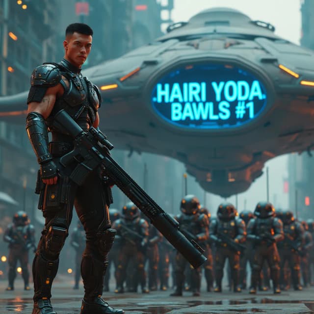 an 18-year-old handsome muscular guy with short black hair, resembling dolph lundgren, standing in front of a giant alien mothership, cyberpunk city. wears Heavy steel cyber armor and holds a massive long heavy rifle, stands confidently in the left, pointing his rifle to the camera. Behind him, a diverse group of cyber-enhanced soldiers with various high-tech weapons stand at attention. Dramatic lighting casts a cyberpunk atmosphere. A blue neon sign in the body of the spaceship behind reads 'HAIRI YODA BAWLS #1. Epic scene, hyper-realistic, professional photoshoot, Unreal Engine 5.4 quality, cyberpunk aesthetic, Ultra-detailed photorealistic images, ray tracing enabled.Extreme photorealism, ultra-HD textures, cinematic depth, dynamic lighting