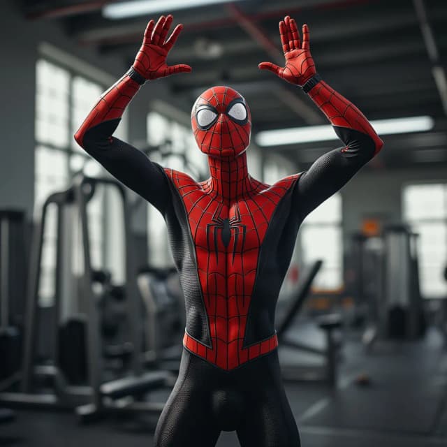 Skinny very thin Spider-Man with his arms raised and fingers spread, showcasing a skinny physique. Background: A brightly lit gym