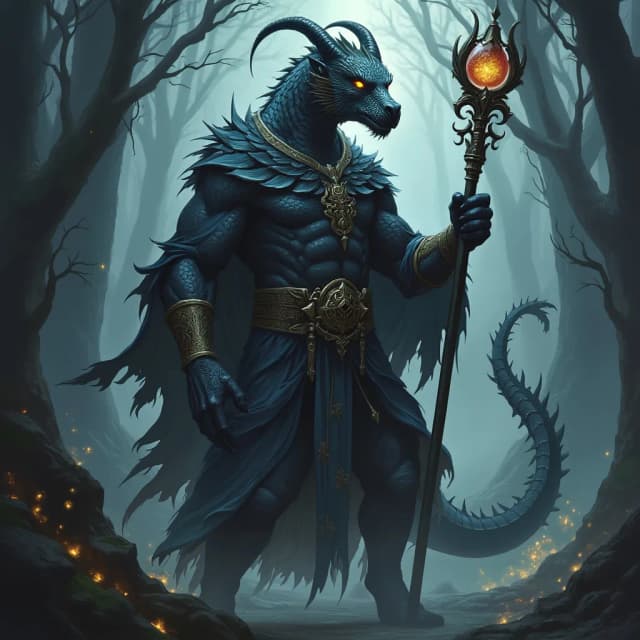 A dark and mysterious draconic mage with black scales, standing tall and imposing. His powerful, muscular frame is adorned with tattered robes that shimmer with arcane symbols. His eyes glow with an intense, unnatural light, revealing his arcane power. His horns curl back from his head, sharp and menacing, and his long tail snakes around him. His claws are elongated, with dark energy crackling between his fingers as he holds an ancient staff with a glowing orb at the top. The surrounding environment is a shadowy, mystical forest, with swirling mists and faint glowing runes in the air. The atmosphere is ominous, as if he is a guardian of forbidden knowledge