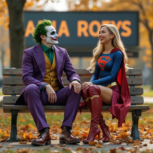 Photography 4D, extremely detailed and realistic of Two superheroes, the Joker and Supergirl, sitting on a park bench, laughing. The Joker is on the left, wearing a purple and green costume with a golden suit, showcasing a vibrant color palette. Supergirl, on the right, sports a deep blue and red costume, which stands out against the light brown toned park bench. Both are wearing high boots, styled with intricate details. The setting is an autumn park, with fallen leaves scattered on the ground, creating a warm, earthy tone. The scene is bright, with natural lighting, and detailed, with an impressionistic aesthetic. The park includes trees and a light background. Focus on the joyful expressions on both characters' faces, highlighting the dynamic interaction between them. There is a sign elegant text "ARIA ROEYS" on big billboard behind.