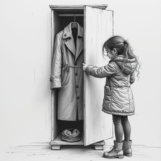 a girl taking her coat from cupboard. make extremely rough pencil sketch only. wide shot