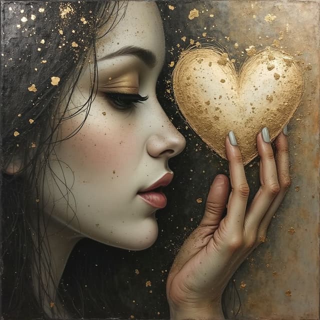 perfect and detailed realistic image representing emotions, look in love, hand on the side of the heart, full figure of the woman, hd, half black and white and half color of a painting made with confused gold and silver brush strokes, artistic style effect and mystical effects around her. Acrylic style background