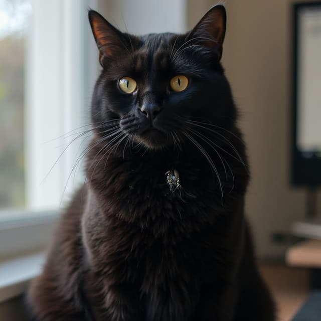 A black cat sitting on a desk.