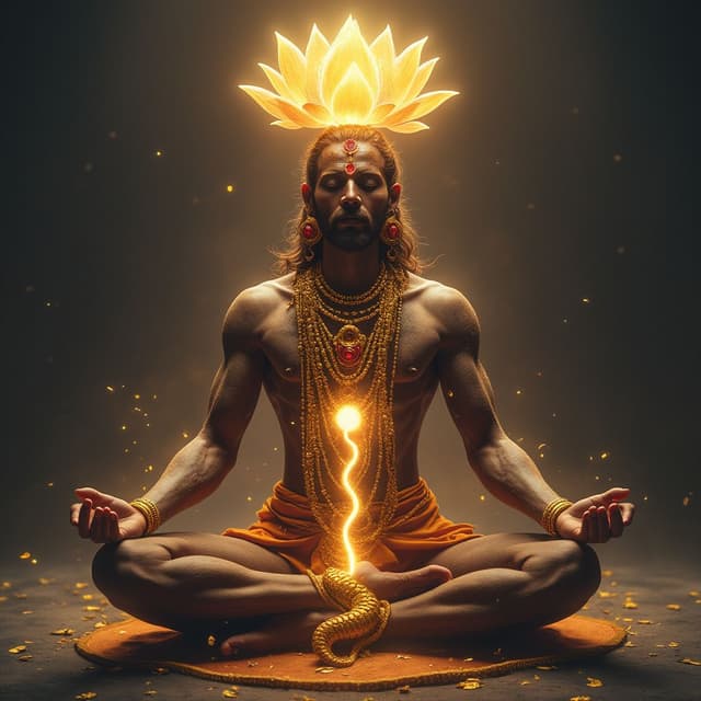 Lord Ayyappan in a yogic state, his right leg folded over his left, pressing on his abdomen. A glowing serpent (symbolizing Kundalini) rises from his base, spiraling upward to his crown chakra, which radiates a golden light. The energy transforms into an ethereal lotus bloom atop his head.