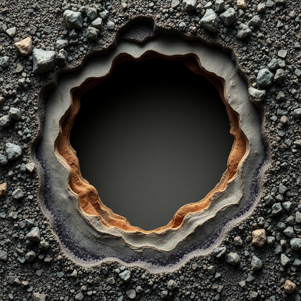 A layered mineral texture moving from dense granular edges to a clear central space