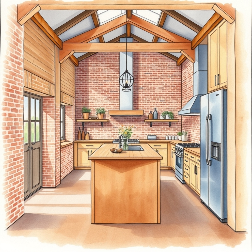 A converted warehouse kitchen with clear circulation, reused brick, and new timber junctions