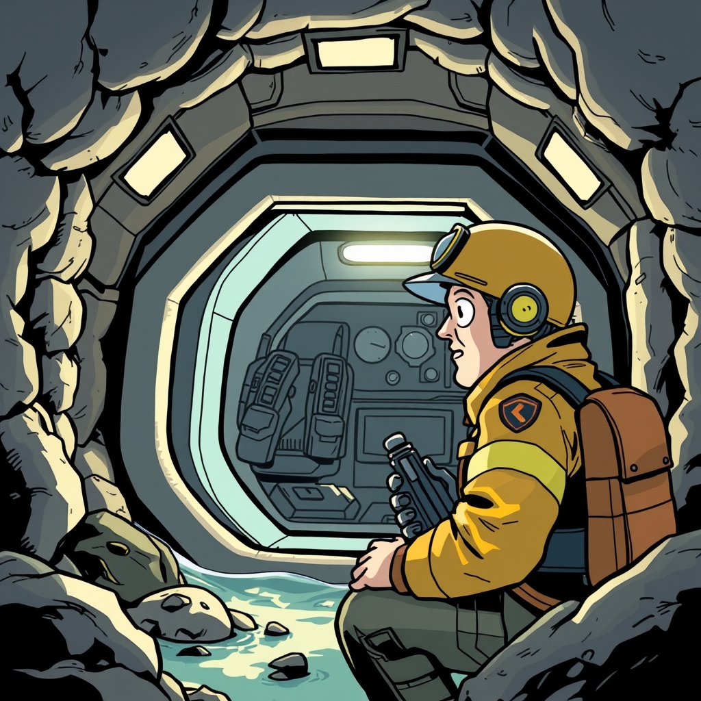 An original rescue engineer character inspecting a compact amphibious shelter
