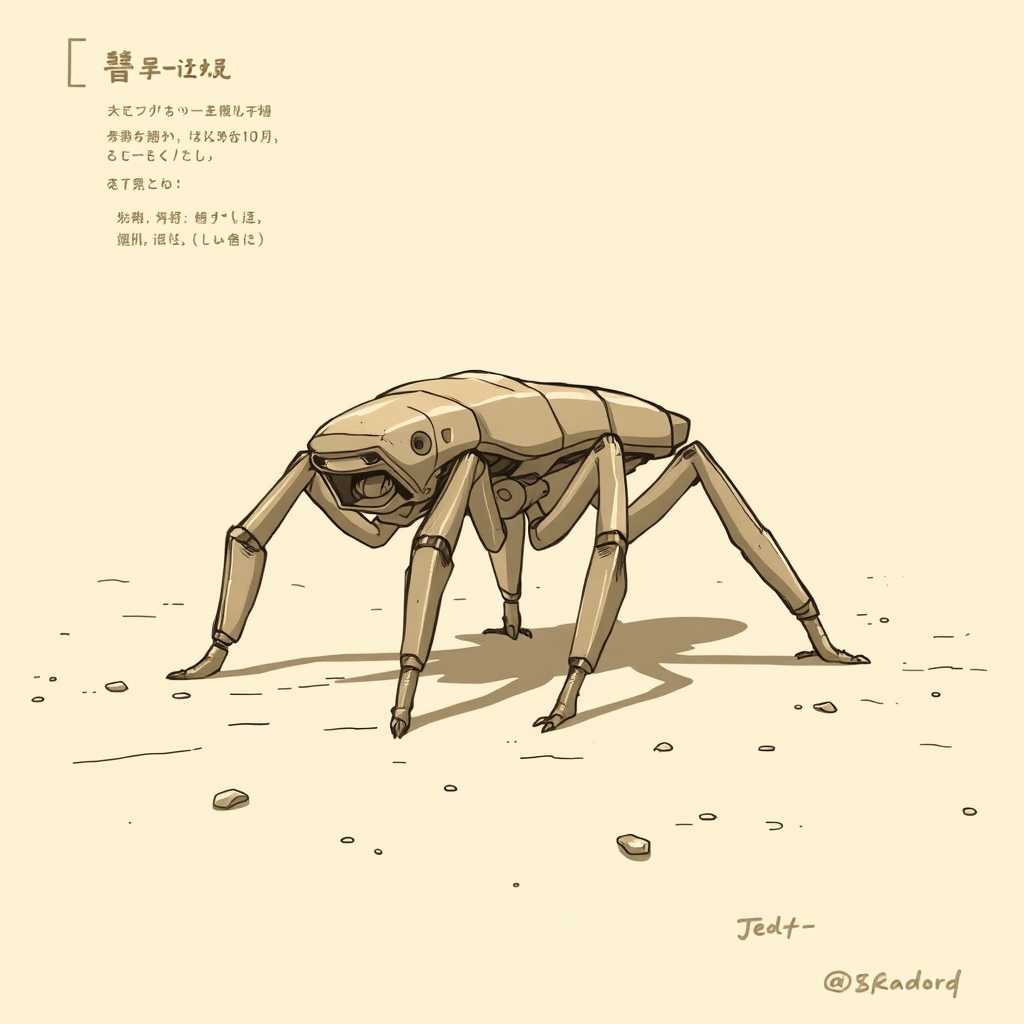 An original six-legged desert grazer using wide feet to cross loose mineral sand