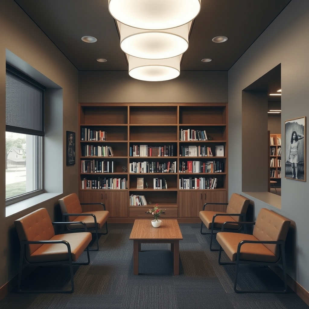 A small public reading room organized around a central daylight shelf and quiet perimeter seats