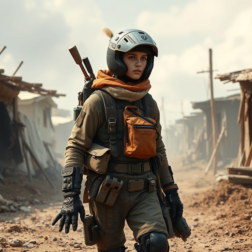An original courier character carrying modular repair tools through a wind-exposed settlement