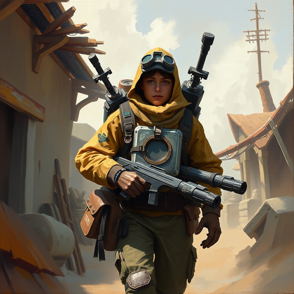 An original courier character carrying modular repair tools through a wind-exposed settlement