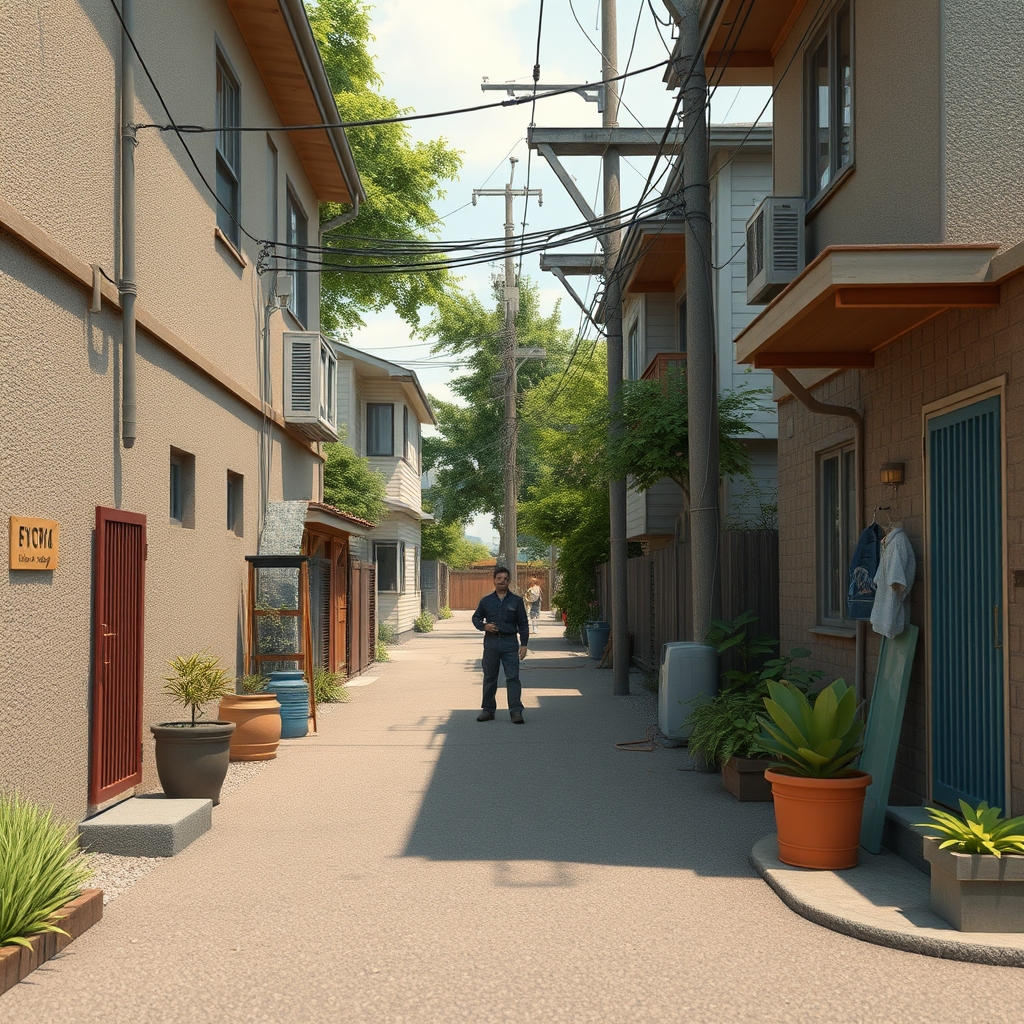 A quiet residential lane during a summer power repair, with workers and neighbors sharing the space