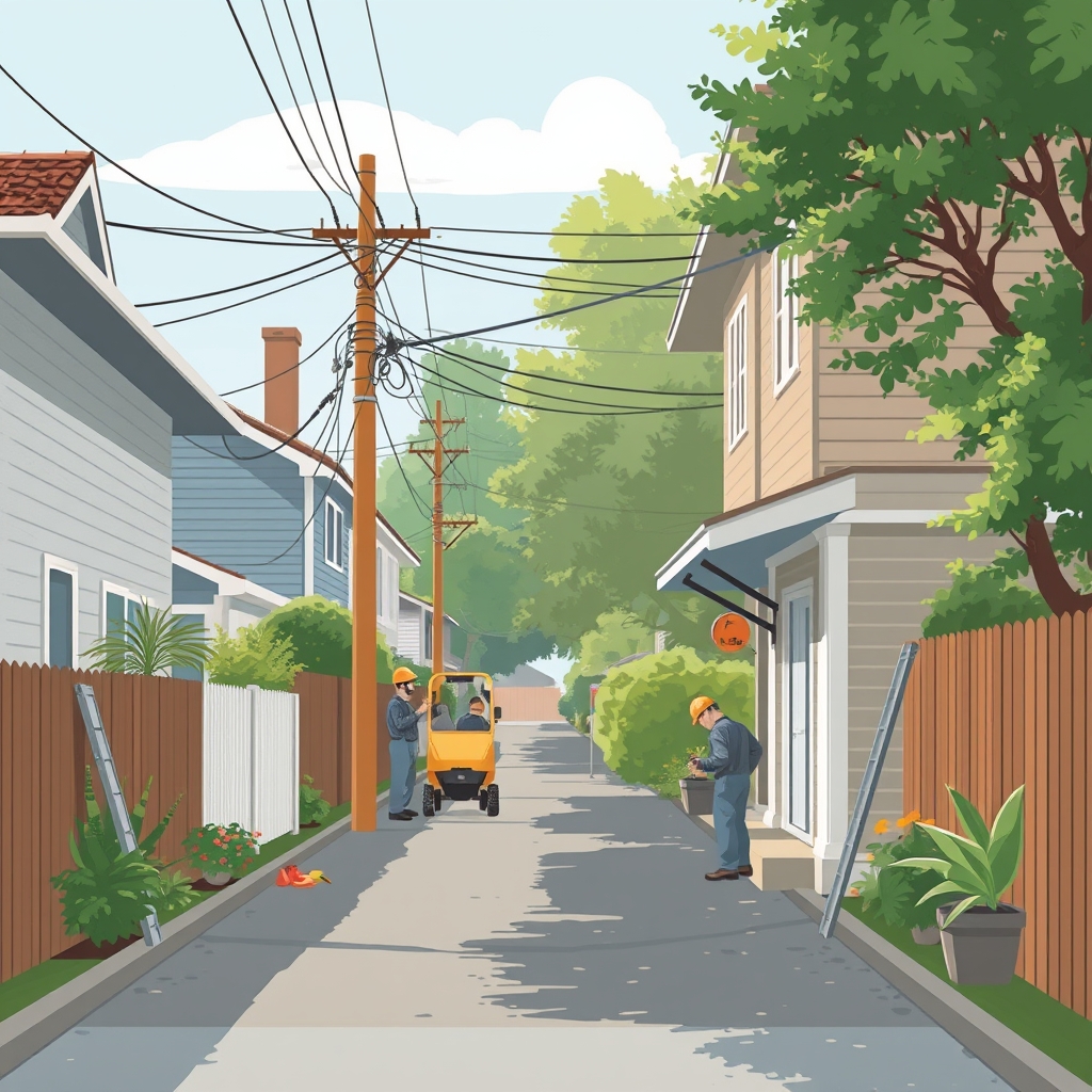 A quiet residential lane during a summer power repair, with workers and neighbors sharing the space