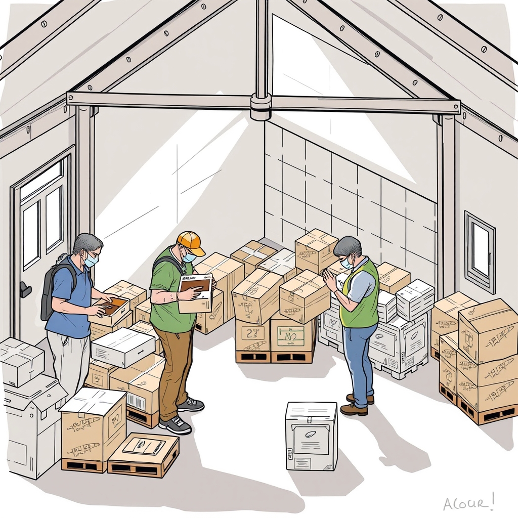 Five adult volunteers sorting storm supplies inside a bright neighborhood hall