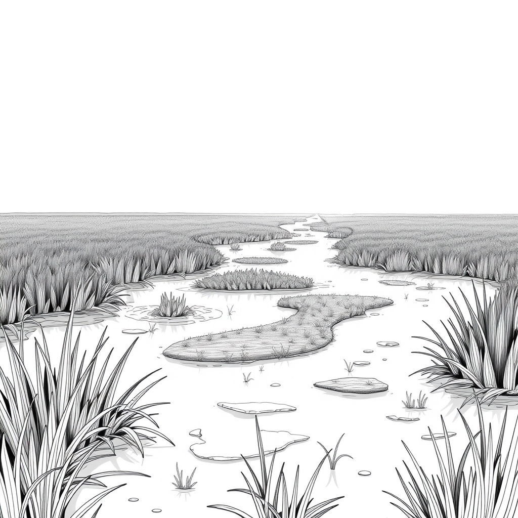 A tidal grassland at first light with shallow channels reflecting a pale sky