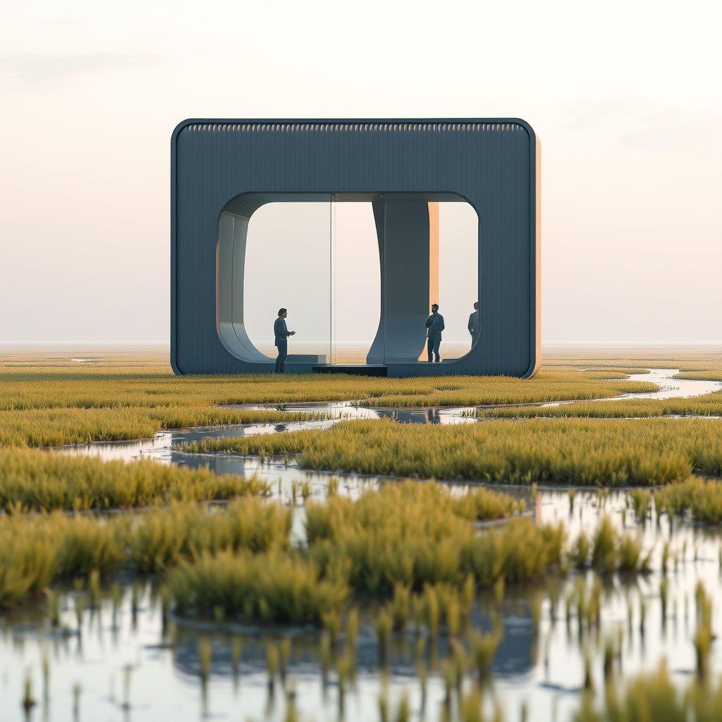 A tidal grassland at first light with shallow channels reflecting a pale sky