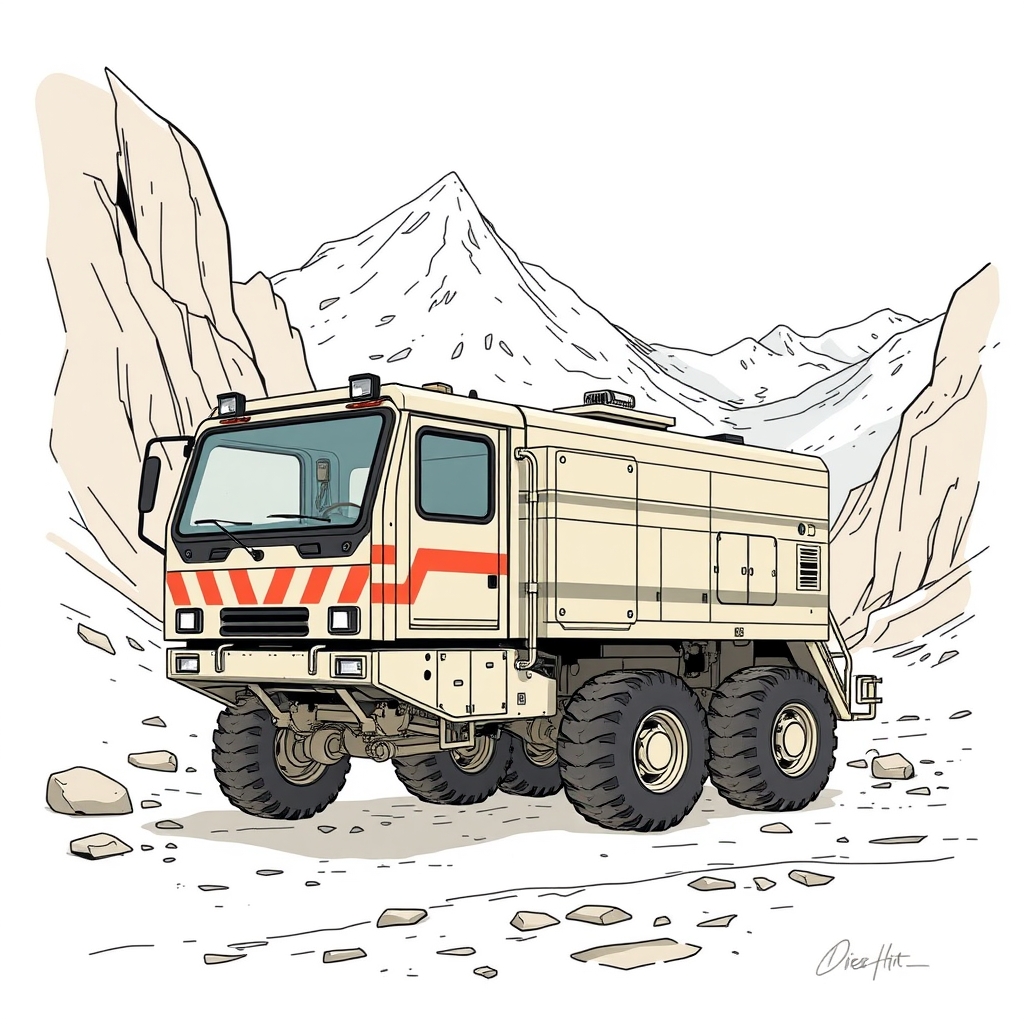 A narrow mountain maintenance vehicle with articulated wheels and visible access panels