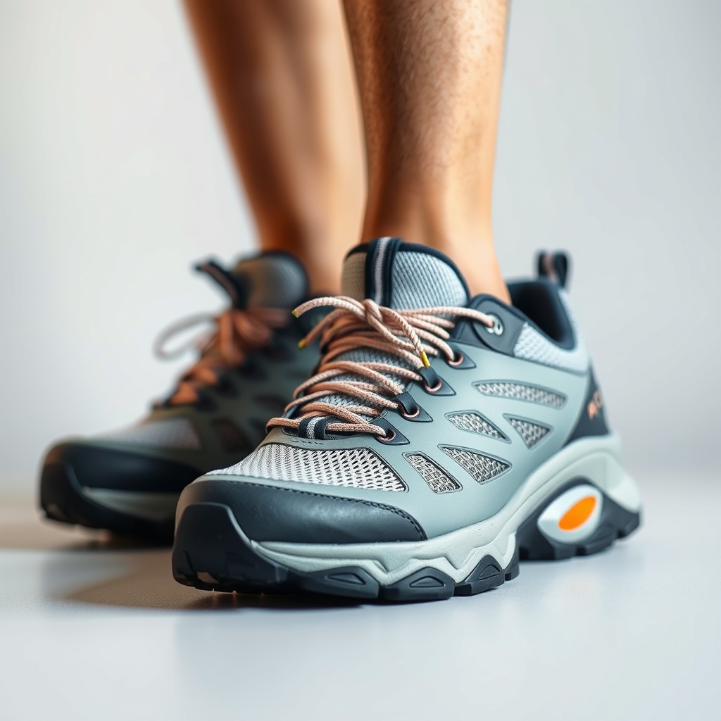 A pair of lightweight trail shoes with layered mesh and a sculpted sole