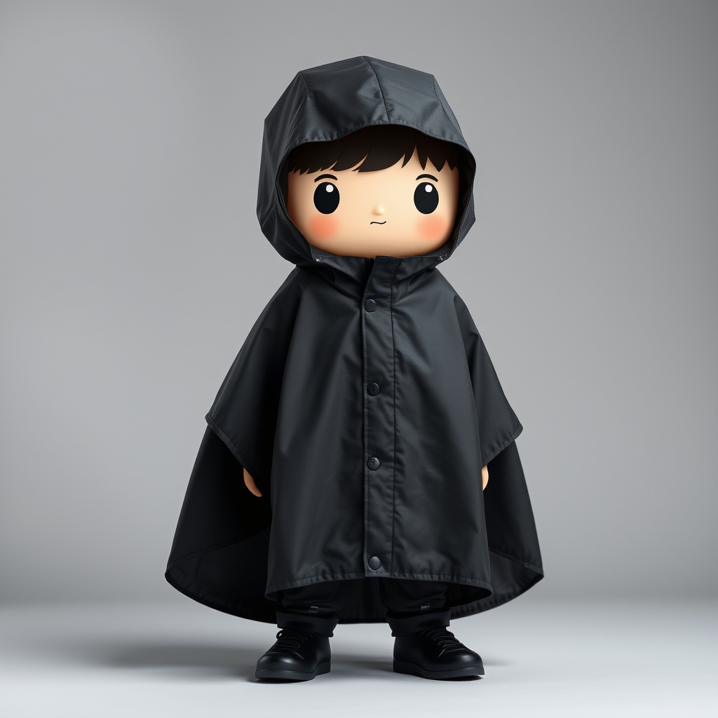 A structured rain cape made from charcoal recycled fabric with taped seams